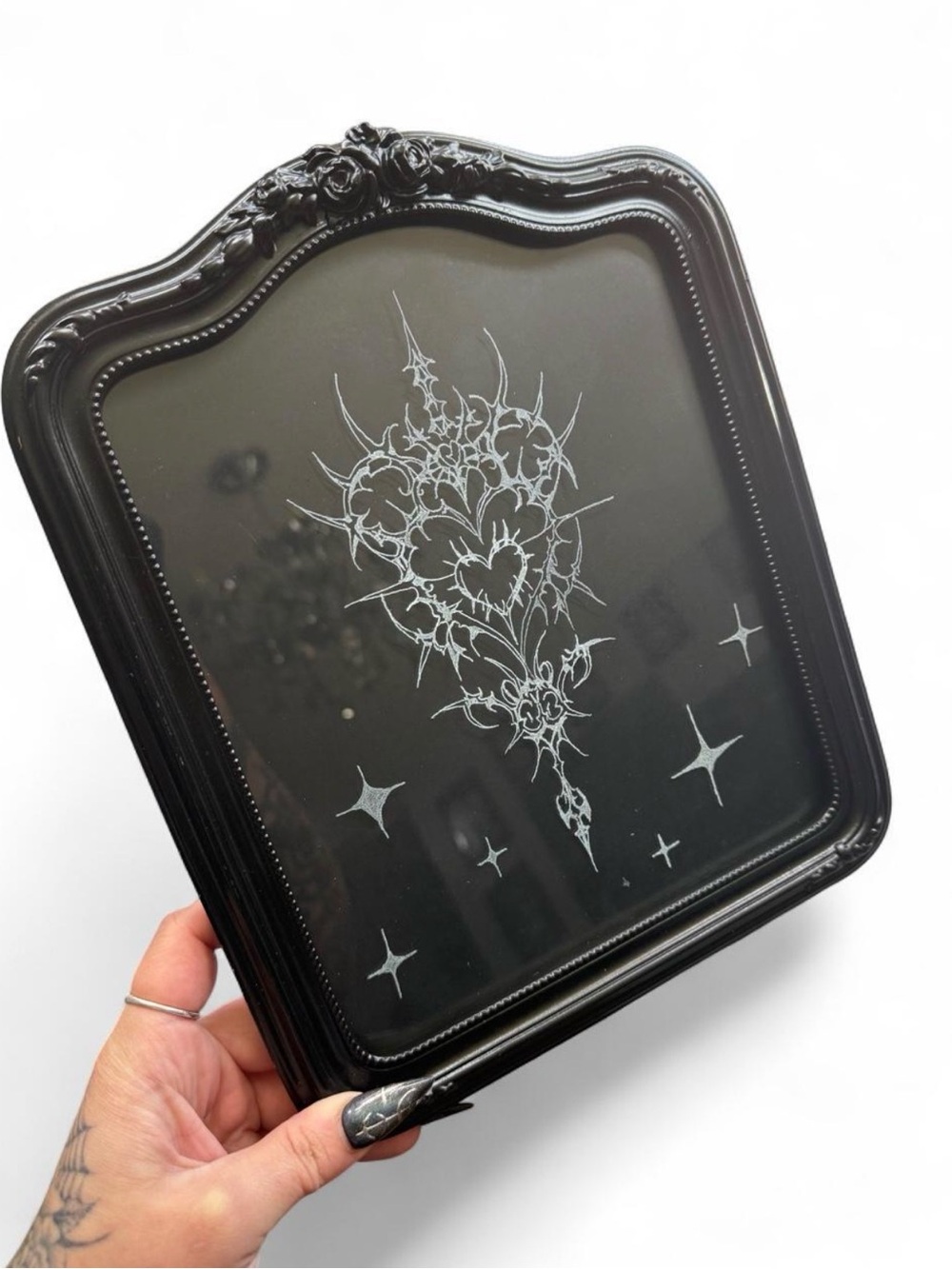 Black Ornate Wall Art Panel with Silver Gothic Heart Design